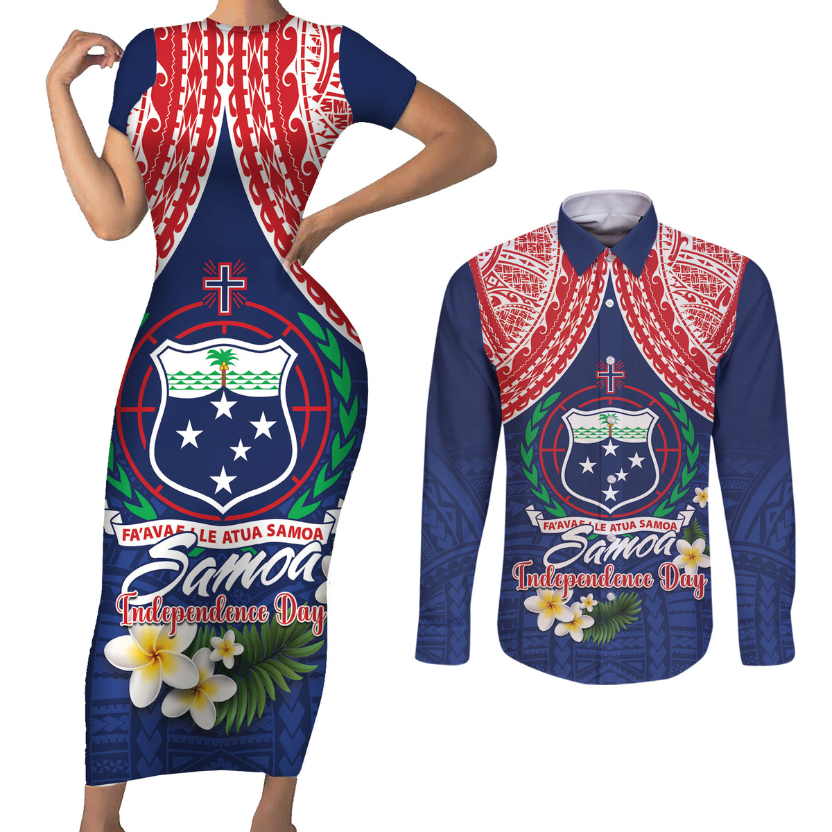 Samoan Independence Day Couples Matching Short Sleeve Bodycon Dress and Long Sleeve Button Shirt Manuia Le Tutoatasi O Samoa LT14 Blue - Polynesian Pride