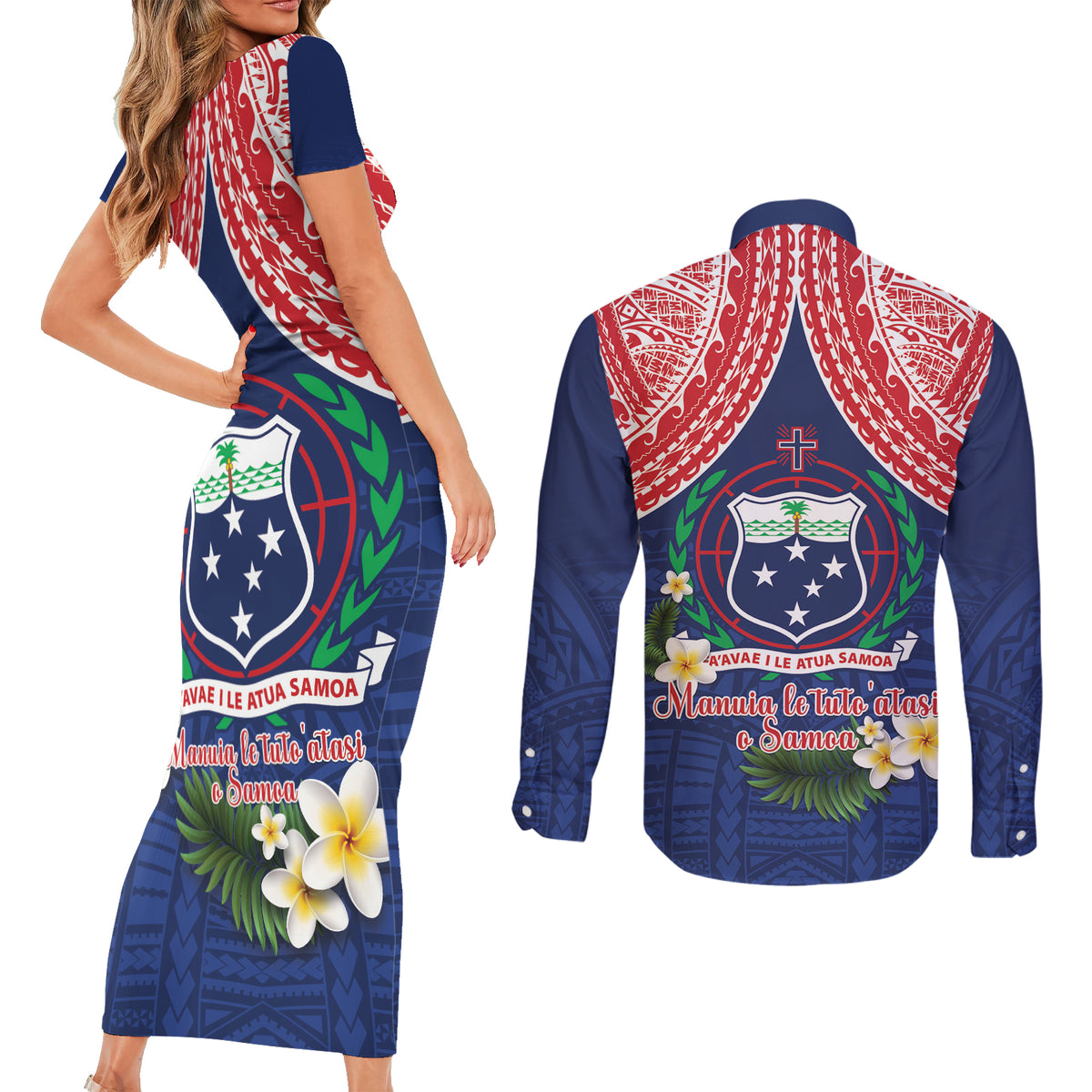 Samoan Independence Day Couples Matching Short Sleeve Bodycon Dress and Long Sleeve Button Shirt Manuia Le Tutoatasi O Samoa LT14 - Polynesian Pride