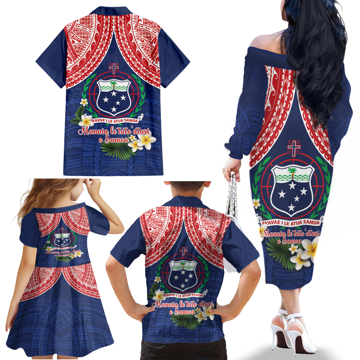 Samoan Independence Day Family Matching Off The Shoulder Long Sleeve Dress and Hawaiian Shirt Manuia Le Tutoatasi O Samoa LT14 - Polynesian Pride