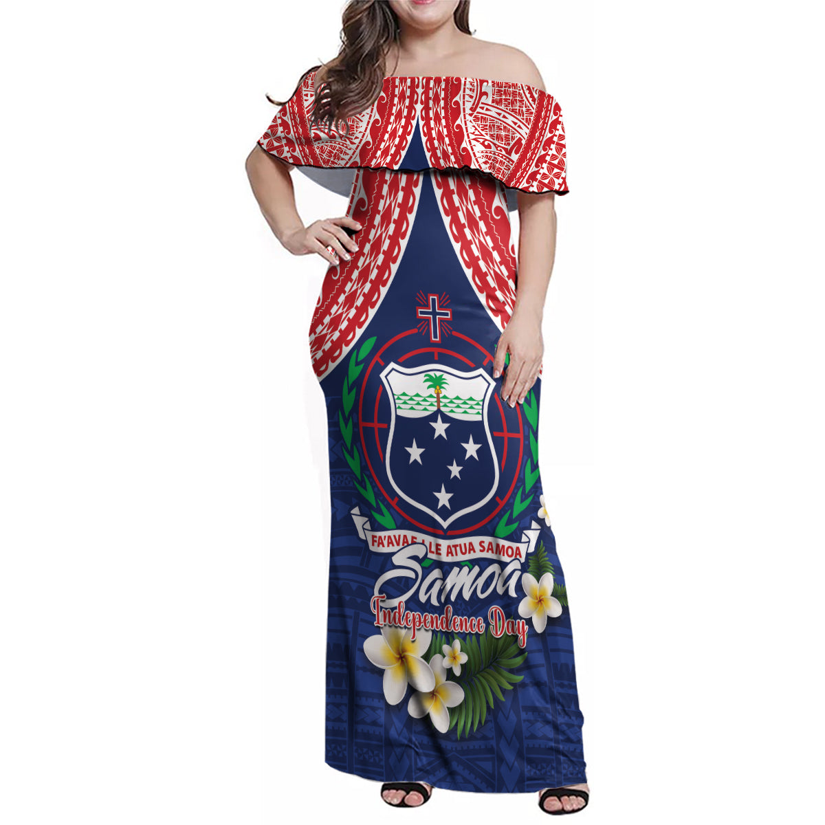 Samoan Independence Day Family Matching Off Shoulder Maxi Dress and Hawaiian Shirt Manuia Le Tutoatasi O Samoa LT14 Mom's Dress Blue - Polynesian Pride