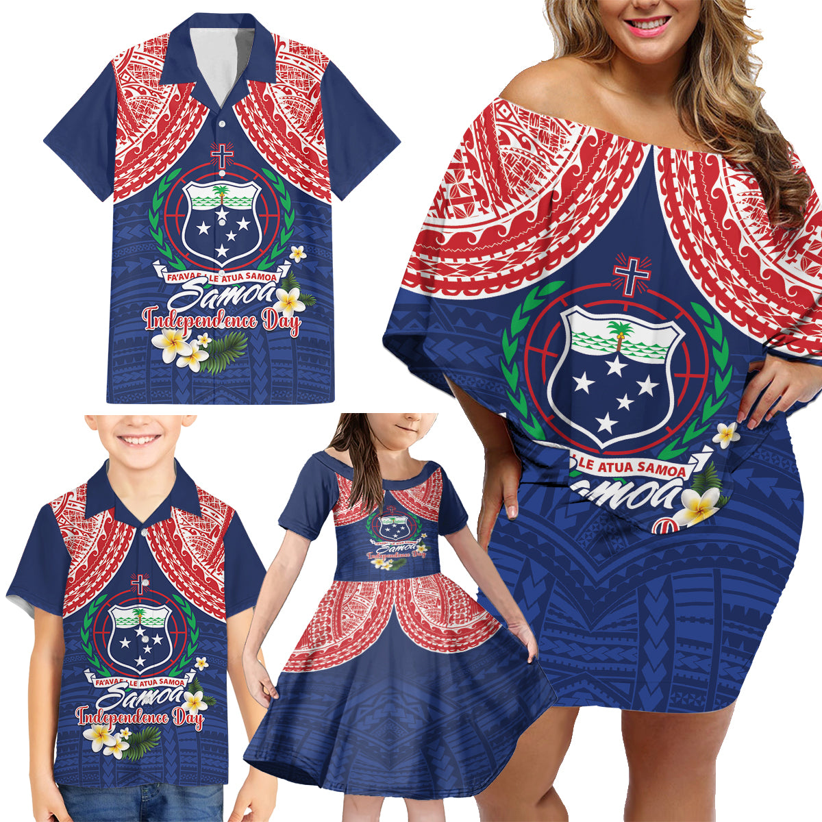 Samoan Independence Day Family Matching Off Shoulder Short Dress and Hawaiian Shirt Manuia Le Tutoatasi O Samoa LT14 - Polynesian Pride