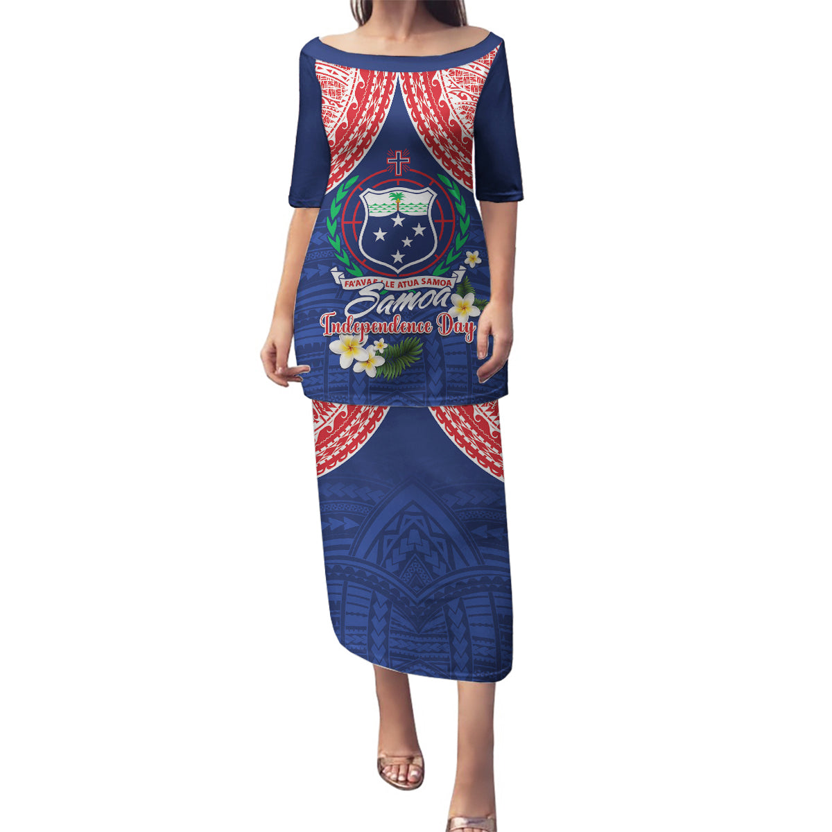 Samoan Independence Day Family Matching Puletasi and Hawaiian Shirt Manuia Le Tutoatasi O Samoa LT14 Mom's Dress Blue - Polynesian Pride