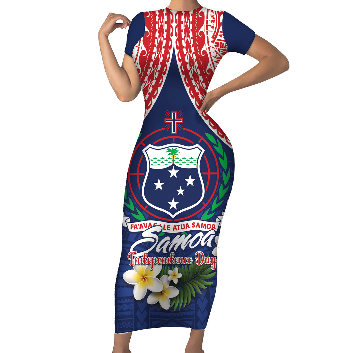 Samoan Independence Day Family Matching Short Sleeve Bodycon Dress and Hawaiian Shirt Manuia Le Tutoatasi O Samoa LT14 Mom's Dress Blue - Polynesian Pride