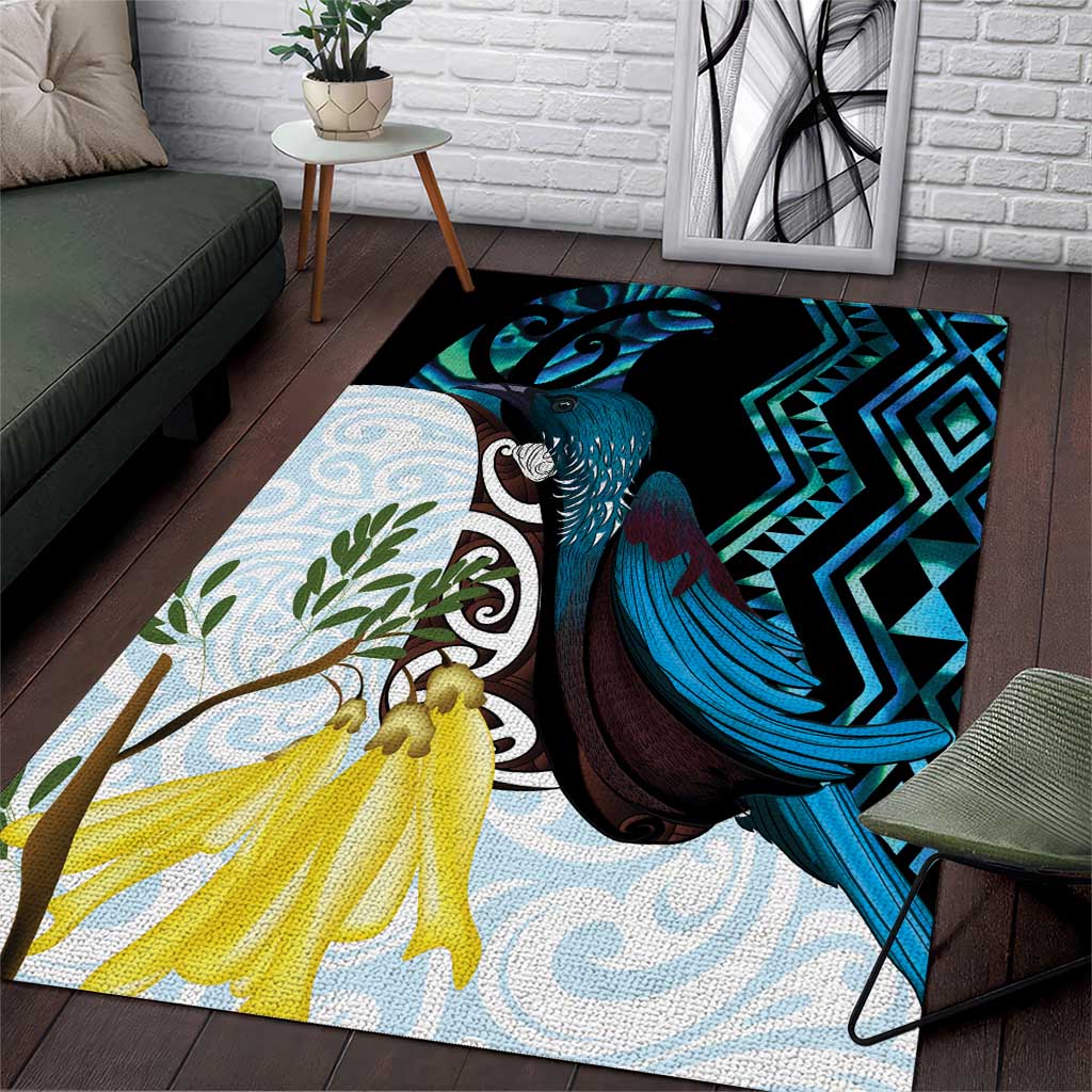 New Zealand Silver Fern Tui Bird Area Rug Maori Kowhai Paua Shell Taniko Motifs