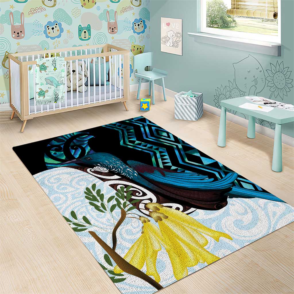 New Zealand Silver Fern Tui Bird Area Rug Maori Kowhai Paua Shell Taniko Motifs