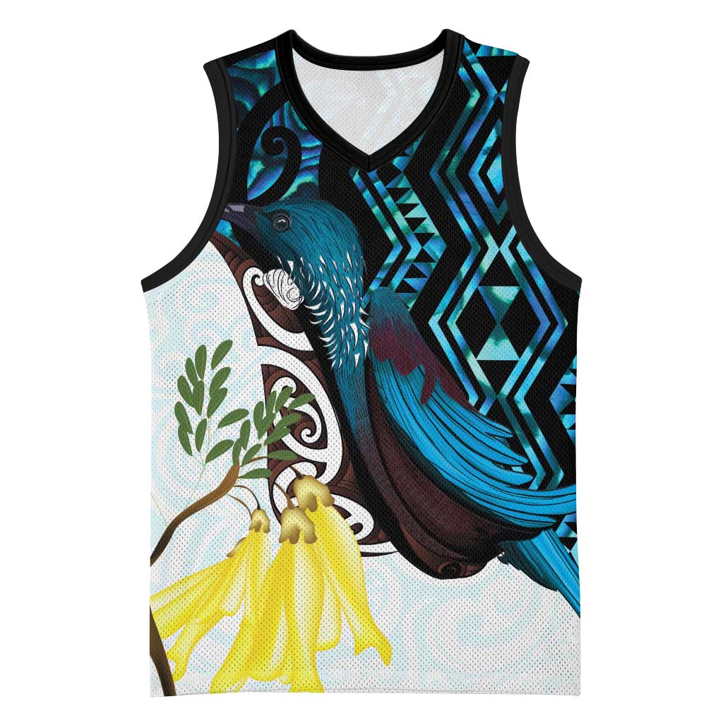 New Zealand Silver Fern Tui Bird Basketball Jersey Maori Kowhai Paua Shell Taniko Motifs LT14 Unisex Turquoise - Polynesian Pride