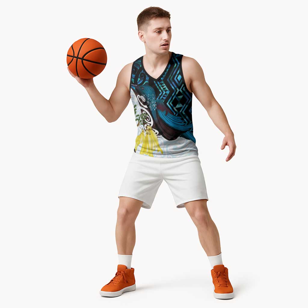 New Zealand Silver Fern Tui Bird Basketball Jersey Maori Kowhai Paua Shell Taniko Motifs LT14 - Polynesian Pride