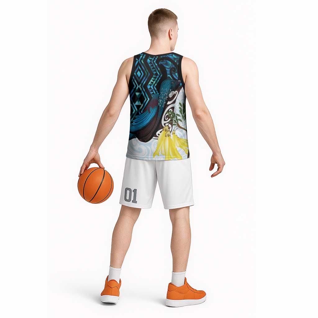 New Zealand Silver Fern Tui Bird Basketball Jersey Maori Kowhai Paua Shell Taniko Motifs LT14 - Polynesian Pride