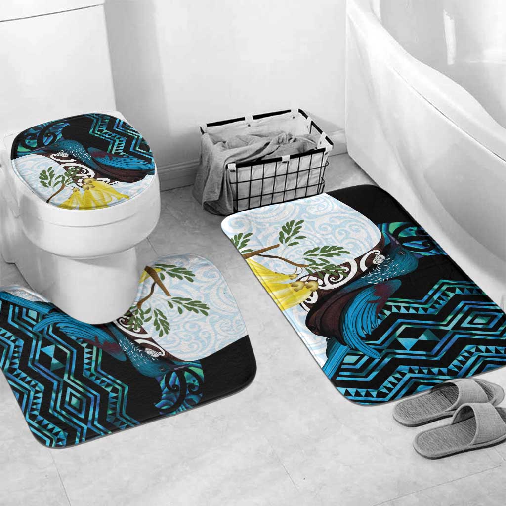 New Zealand Silver Fern Tui Bird Bathroom Set Maori Kowhai Paua Shell Taniko Motifs LT14 Mat Set Only (3 pcs) One Size Turquoise - Polynesian Pride