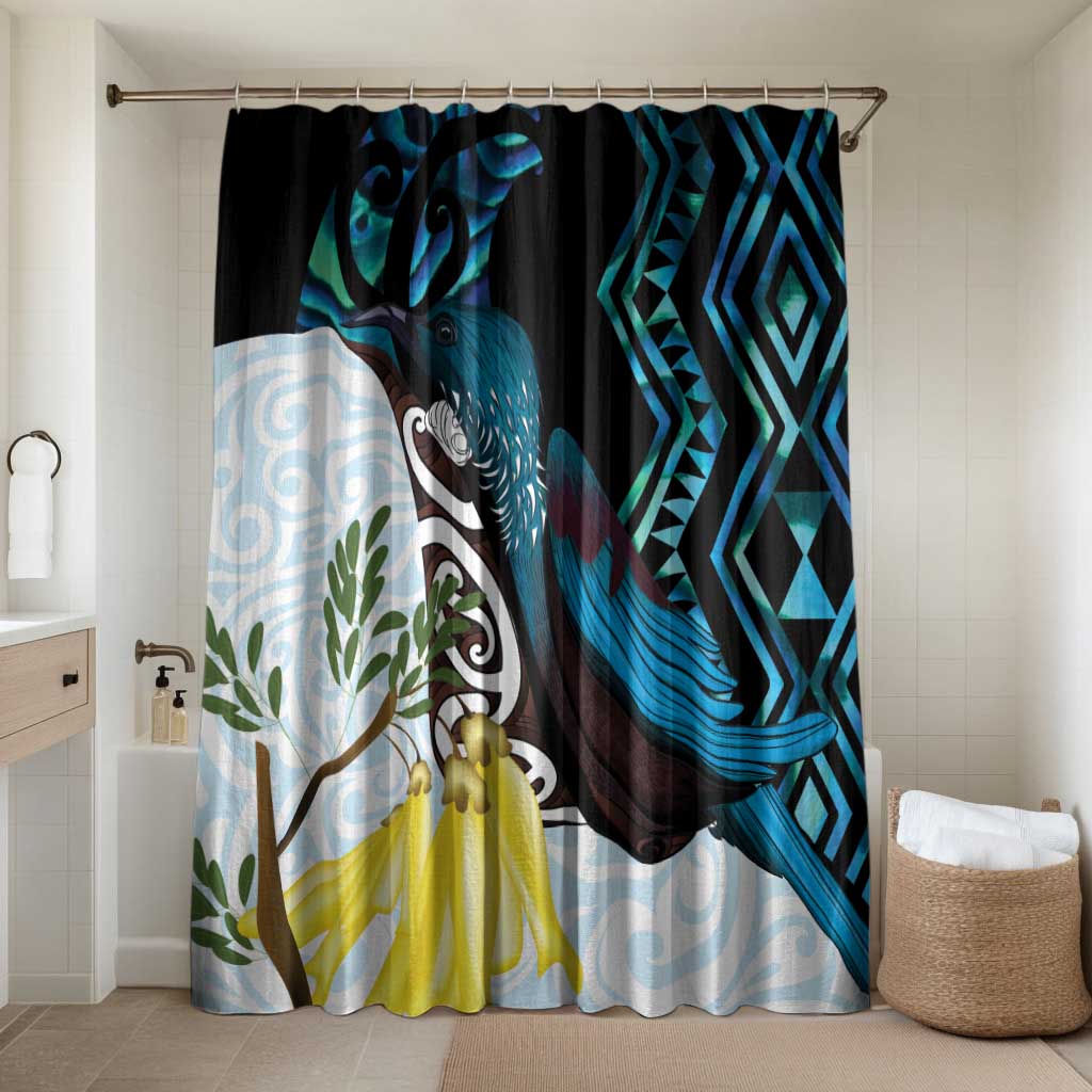 New Zealand Silver Fern Tui Bird Bathroom Set Maori Kowhai Paua Shell Taniko Motifs LT14 Shower Curtain Only Turquoise - Polynesian Pride