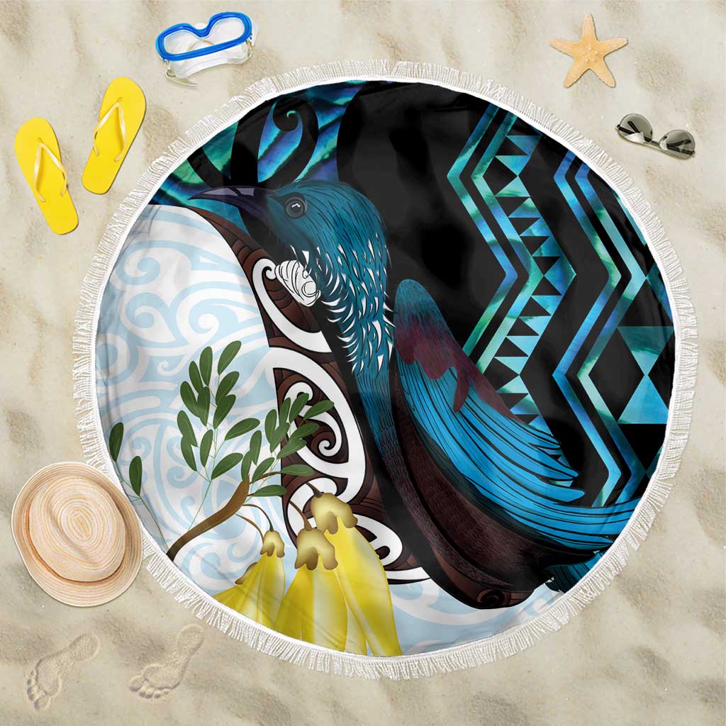 New Zealand Silver Fern Tui Bird Beach Blanket Maori Kowhai Paua Shell Taniko Motifs LT14 One Size 150cm Turquoise - Polynesian Pride