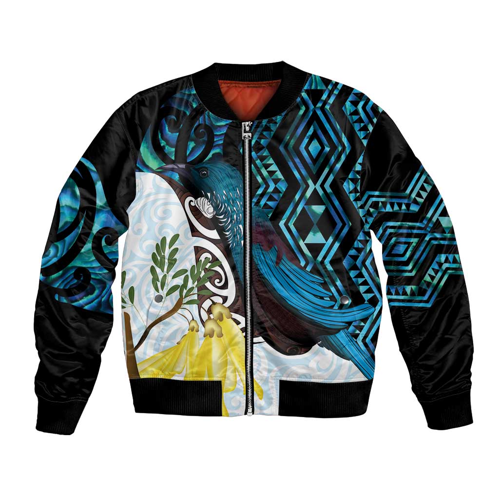 New Zealand Silver Fern Tui Bird Bomber Jacket Maori Kowhai Paua Shell Taniko Motifs LT14 Unisex Turquoise - Polynesian Pride