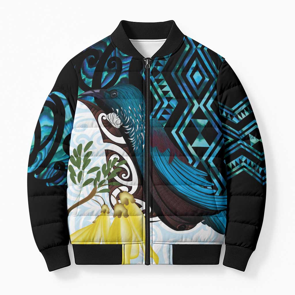 New Zealand Silver Fern Tui Bird Bomber Puffer Jacket Maori Kowhai Paua Shell Taniko Motifs LT14 Unisex Turquoise - Polynesian Pride