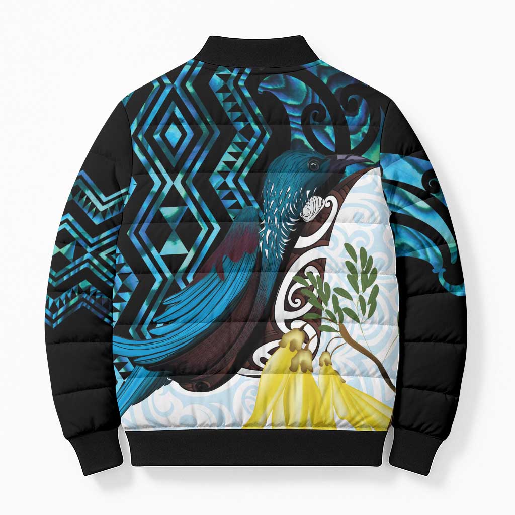 New Zealand Silver Fern Tui Bird Bomber Puffer Jacket Maori Kowhai Paua Shell Taniko Motifs LT14 - Polynesian Pride