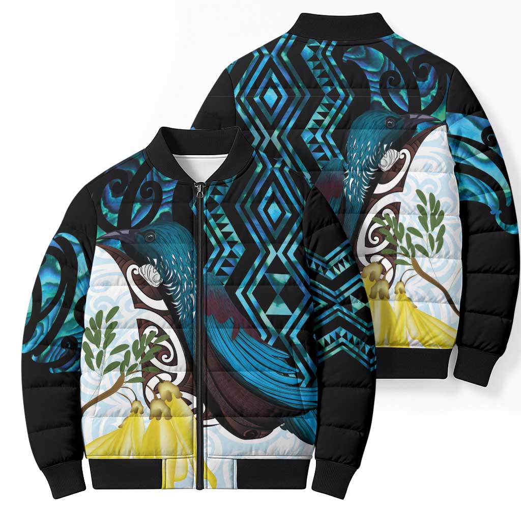 New Zealand Silver Fern Tui Bird Bomber Puffer Jacket Maori Kowhai Paua Shell Taniko Motifs LT14 - Polynesian Pride