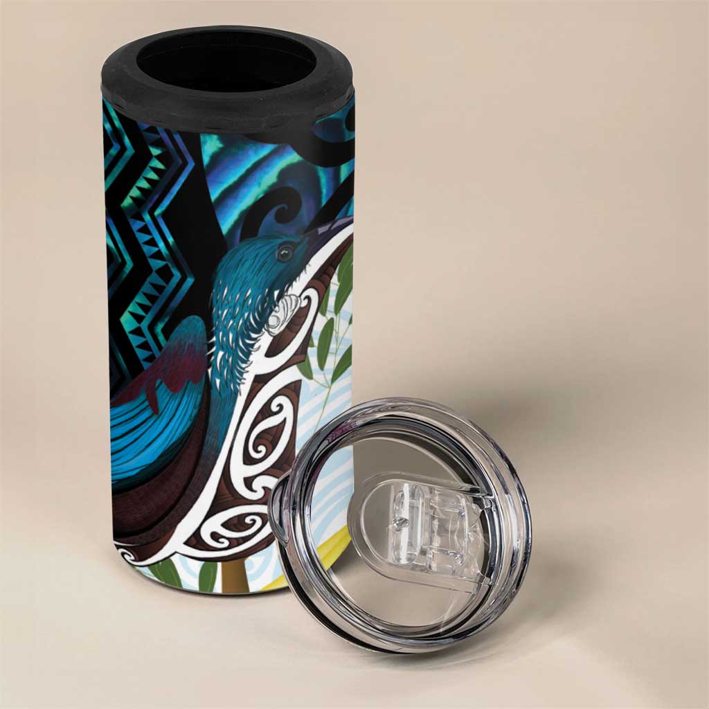 New Zealand Silver Fern Tui Bird 4 in 1 Can Cooler Tumbler Maori Kowhai Paua Shell Taniko Motifs LT14 - Polynesian Pride