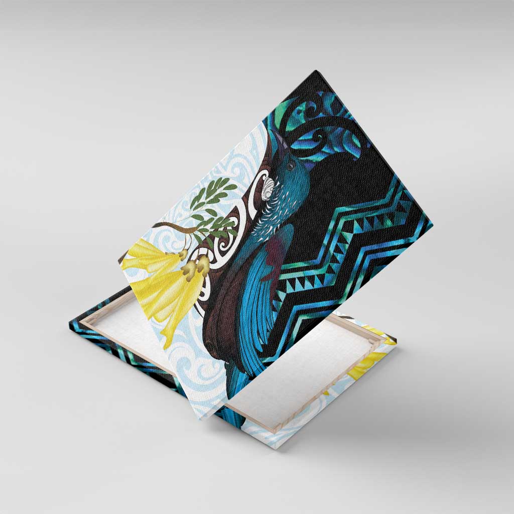 New Zealand Silver Fern Tui Bird Canvas Wall Art Maori Kowhai Paua Shell Taniko Motifs LT14 With Frame Turquoise - Polynesian Pride