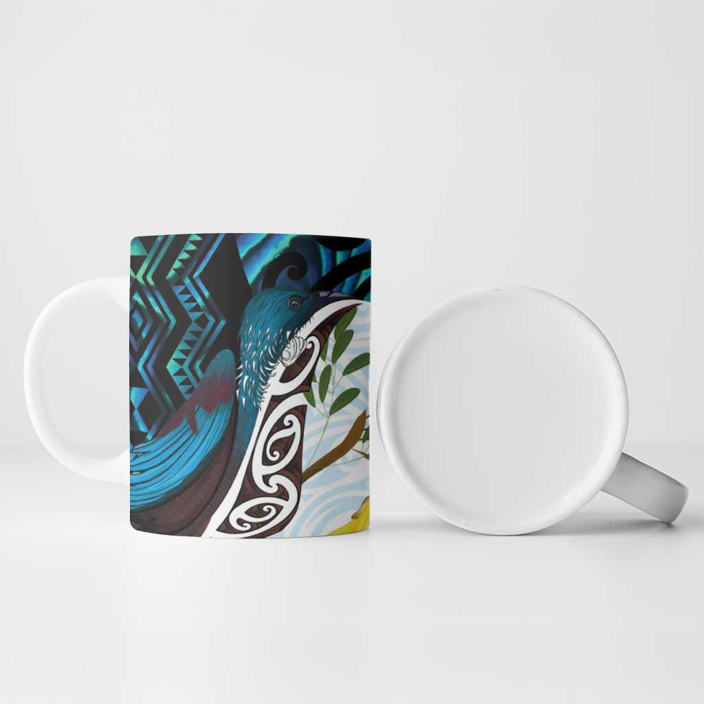 New Zealand Silver Fern Tui Bird Ceramic Mug Maori Kowhai Paua Shell Taniko Motifs LT14 - Polynesian Pride