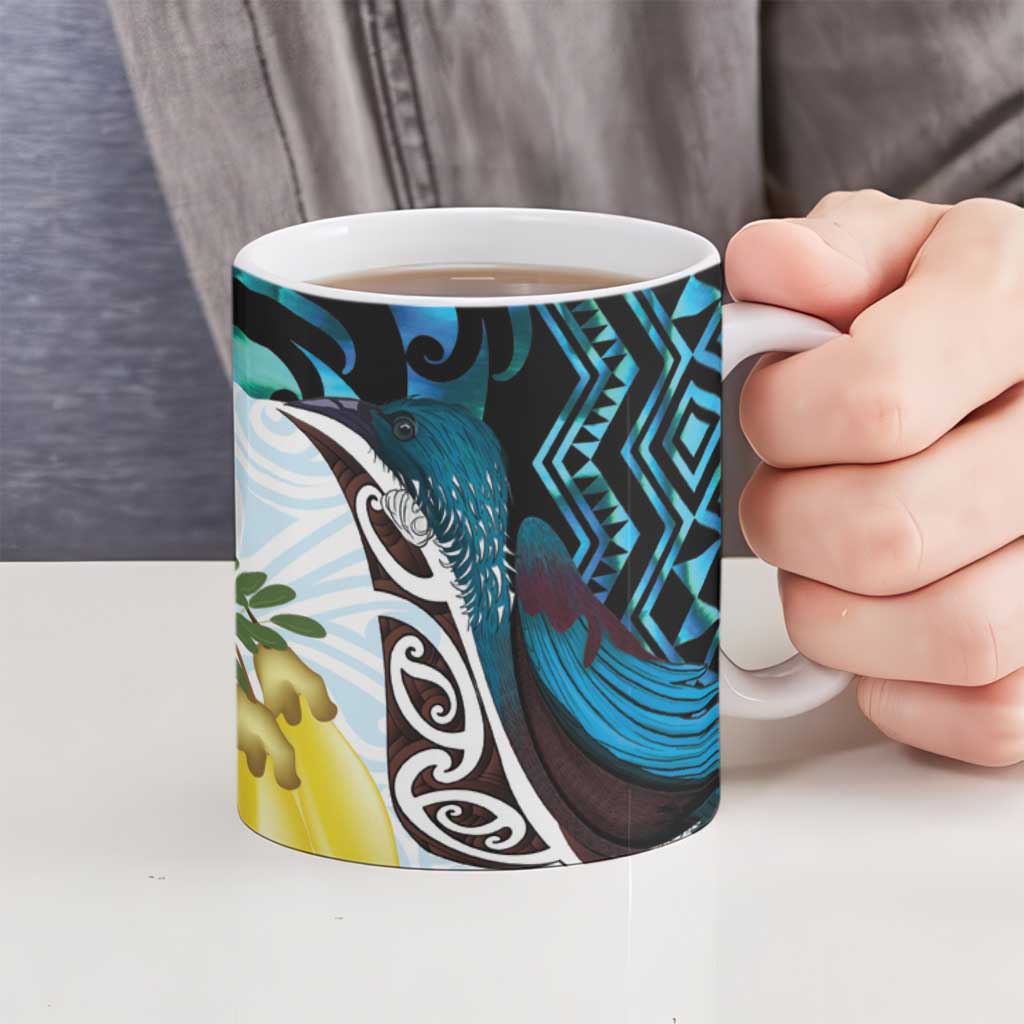 New Zealand Silver Fern Tui Bird Ceramic Mug Maori Kowhai Paua Shell Taniko Motifs LT14 - Polynesian Pride