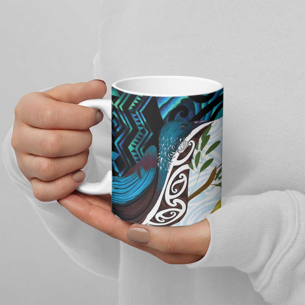New Zealand Silver Fern Tui Bird Ceramic Mug Maori Kowhai Paua Shell Taniko Motifs LT14 - Polynesian Pride