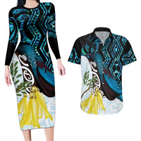 New Zealand Silver Fern Tui Bird Couples Matching Long Sleeve Bodycon Dress and Hawaiian Shirt Maori Kowhai Paua Shell Taniko Motifs LT14 Turquoise - Polynesian Pride