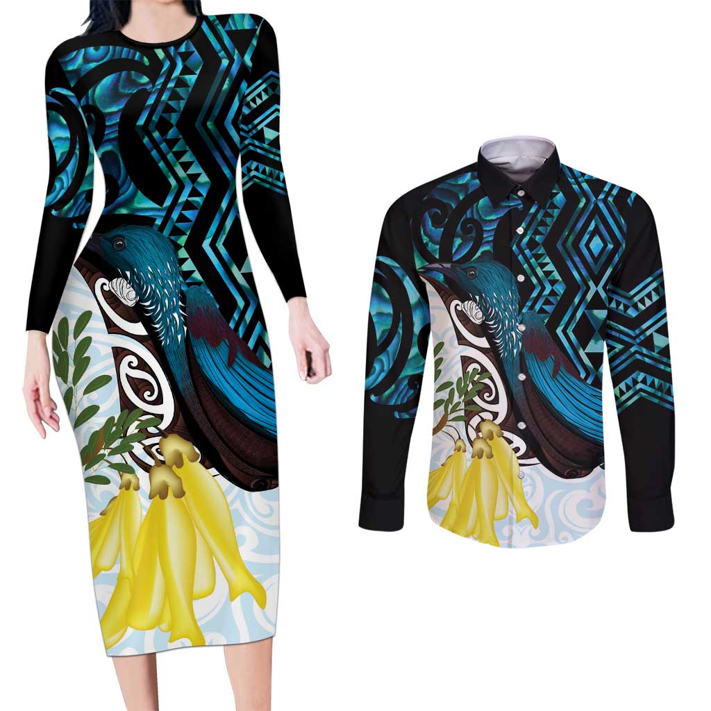 New Zealand Silver Fern Tui Bird Couples Matching Long Sleeve Bodycon Dress and Long Sleeve Button Shirt Maori Kowhai Paua Shell Taniko Motifs LT14 Turquoise - Polynesian Pride