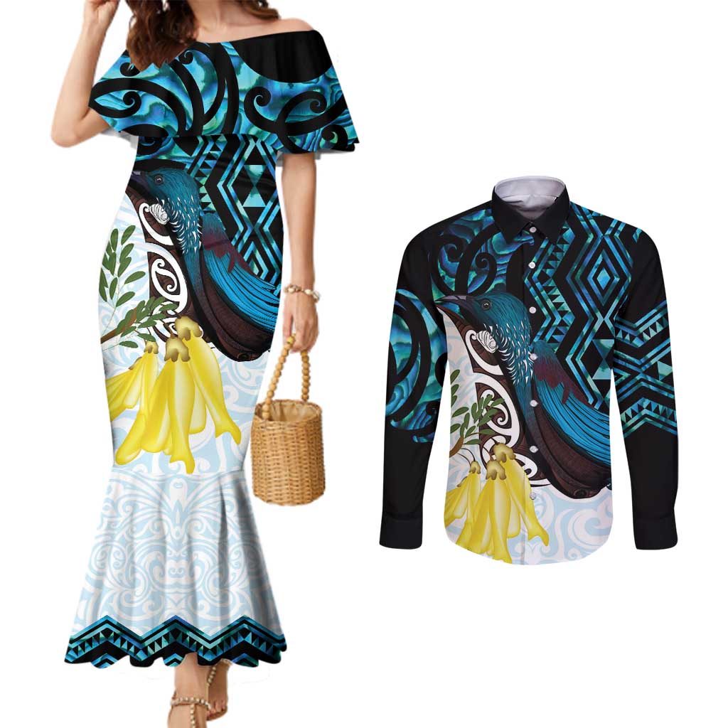 New Zealand Silver Fern Tui Bird Couples Matching Mermaid Dress and Long Sleeve Button Shirt Maori Kowhai Paua Shell Taniko Motifs LT14 Turquoise - Polynesian Pride