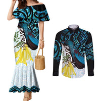 New Zealand Silver Fern Tui Bird Couples Matching Mermaid Dress and Long Sleeve Button Shirt Maori Kowhai Paua Shell Taniko Motifs LT14 Turquoise - Polynesian Pride