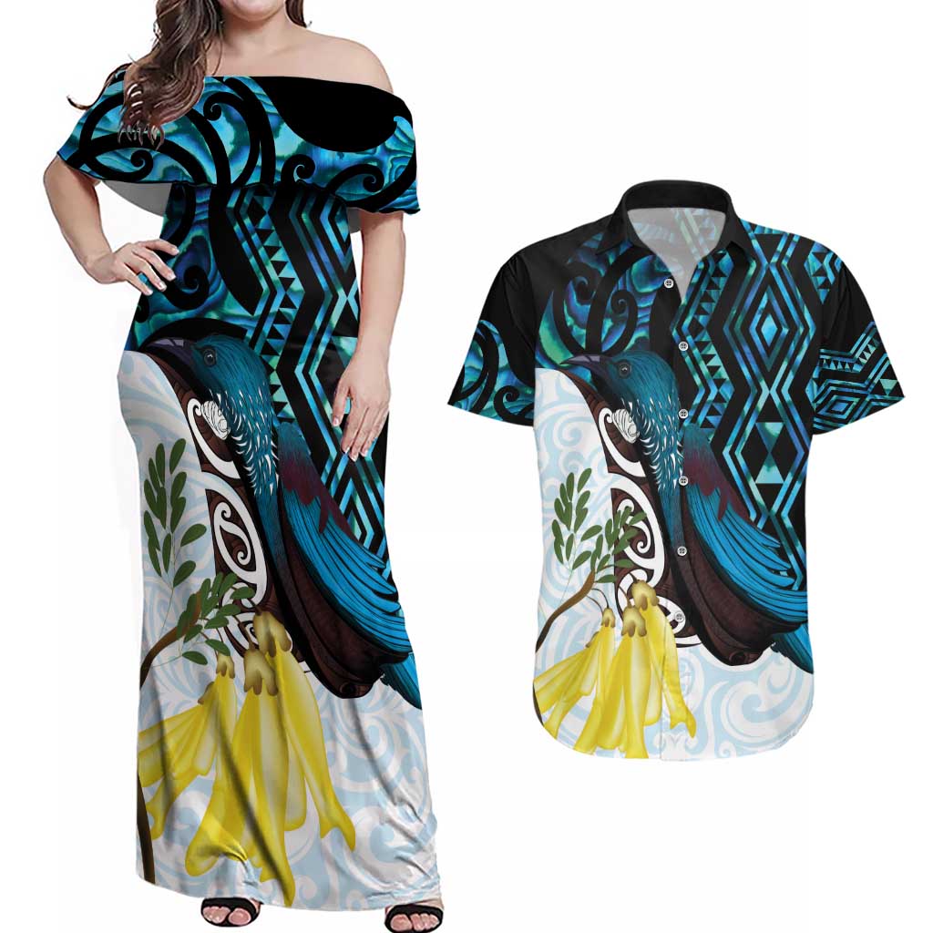 New Zealand Silver Fern Tui Bird Couples Matching Off Shoulder Maxi Dress and Hawaiian Shirt Maori Kowhai Paua Shell Taniko Motifs LT14 Turquoise - Polynesian Pride