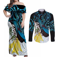 New Zealand Silver Fern Tui Bird Couples Matching Off Shoulder Maxi Dress and Long Sleeve Button Shirt Maori Kowhai Paua Shell Taniko Motifs LT14 Turquoise - Polynesian Pride