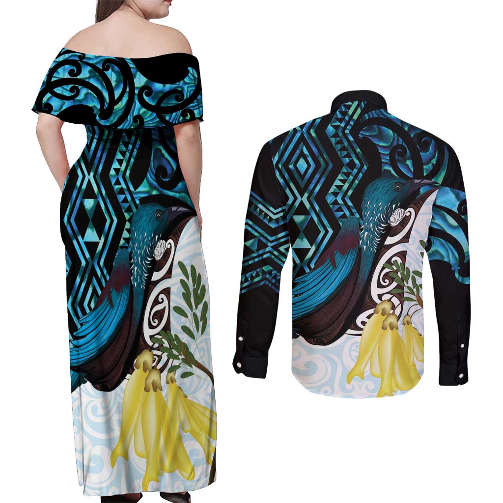 New Zealand Silver Fern Tui Bird Couples Matching Off Shoulder Maxi Dress and Long Sleeve Button Shirt Maori Kowhai Paua Shell Taniko Motifs LT14 - Polynesian Pride
