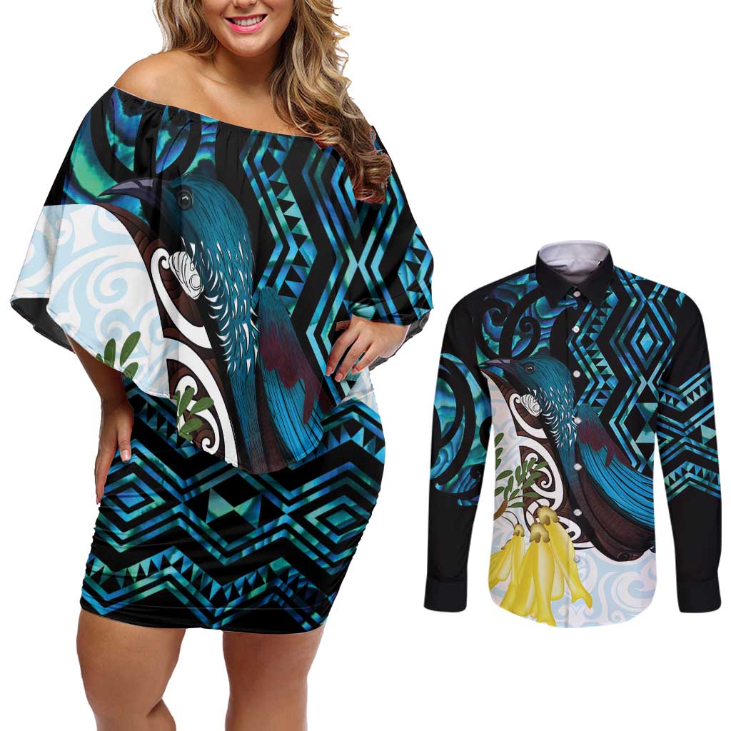 New Zealand Silver Fern Tui Bird Couples Matching Off Shoulder Short Dress and Long Sleeve Button Shirt Maori Kowhai Paua Shell Taniko Motifs LT14 Turquoise - Polynesian Pride