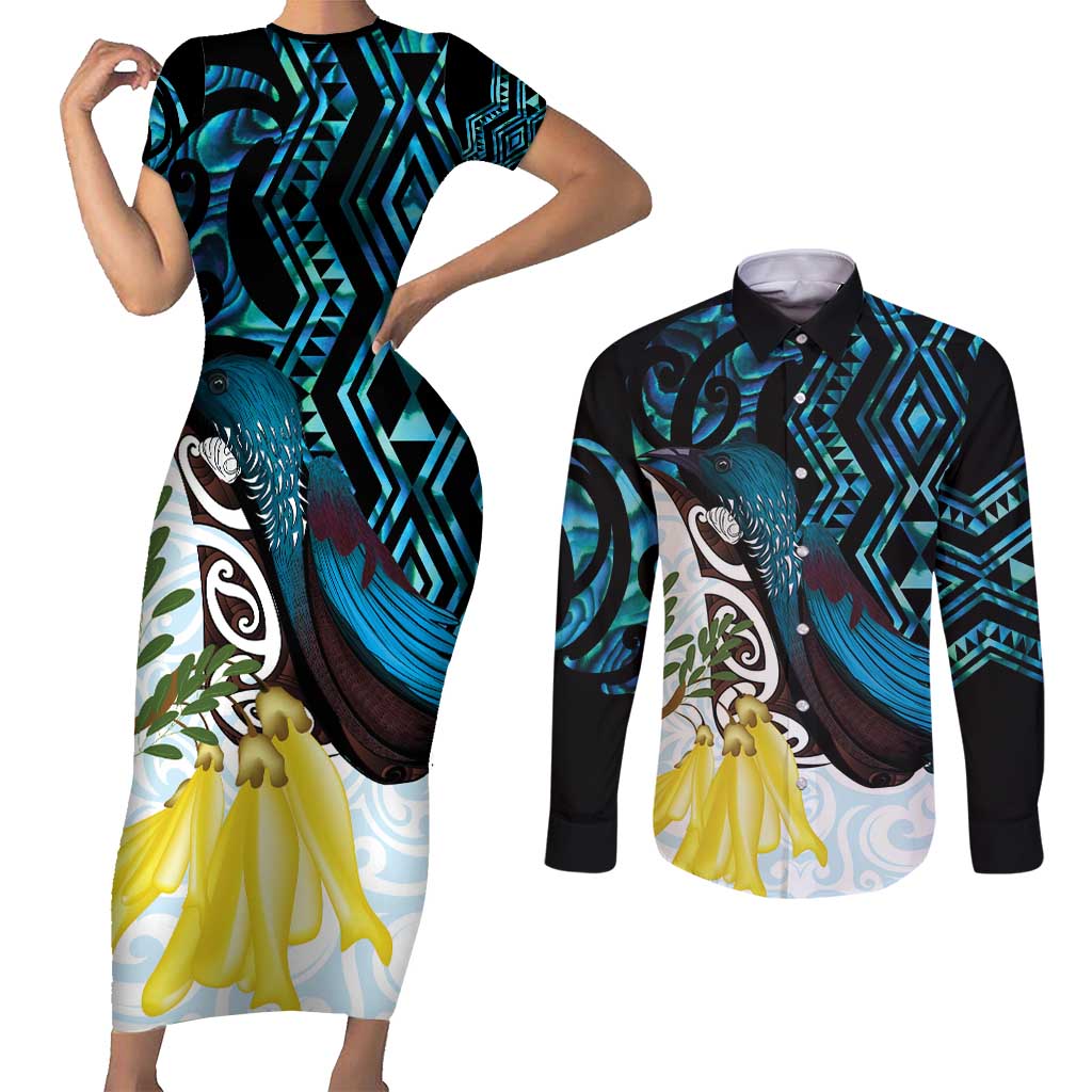 New Zealand Silver Fern Tui Bird Couples Matching Short Sleeve Bodycon Dress and Long Sleeve Button Shirt Maori Kowhai Paua Shell Taniko Motifs LT14 Turquoise - Polynesian Pride
