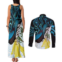 New Zealand Silver Fern Tui Bird Couples Matching Tank Maxi Dress and Long Sleeve Button Shirt Maori Kowhai Paua Shell Taniko Motifs LT14 - Polynesian Pride