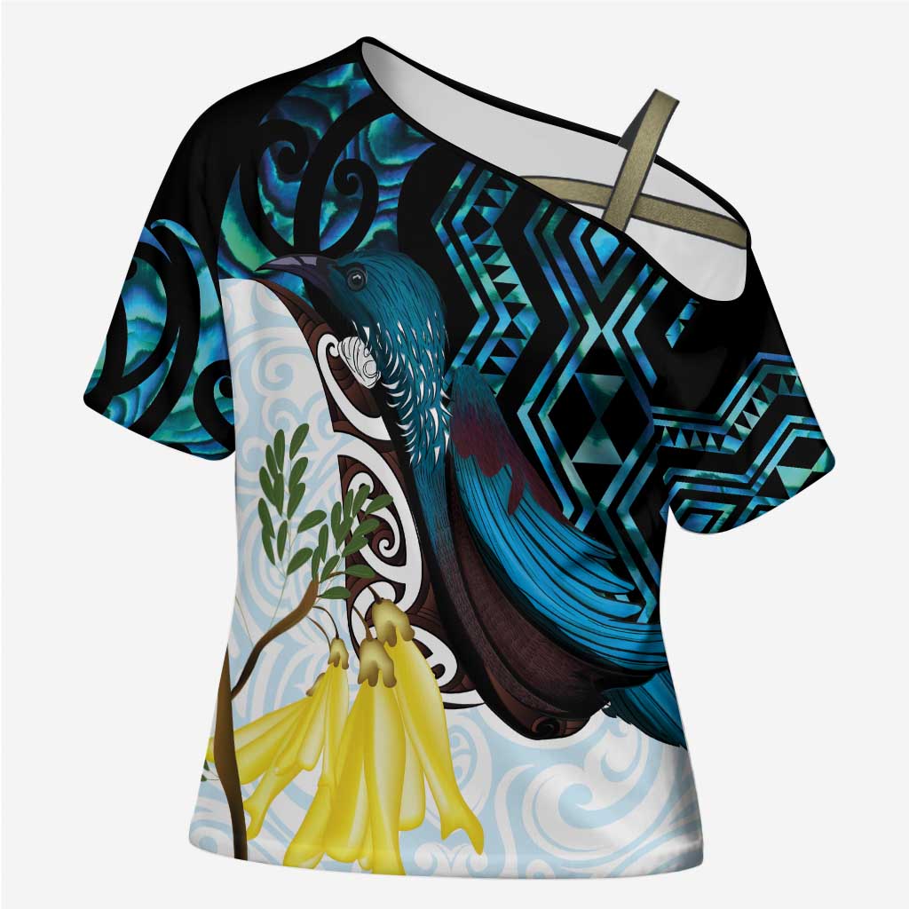 New Zealand Silver Fern Tui Bird Cross Shoulder Shirt Maori Kowhai Paua Shell Taniko Motifs LT14 Female Turquoise - Polynesian Pride
