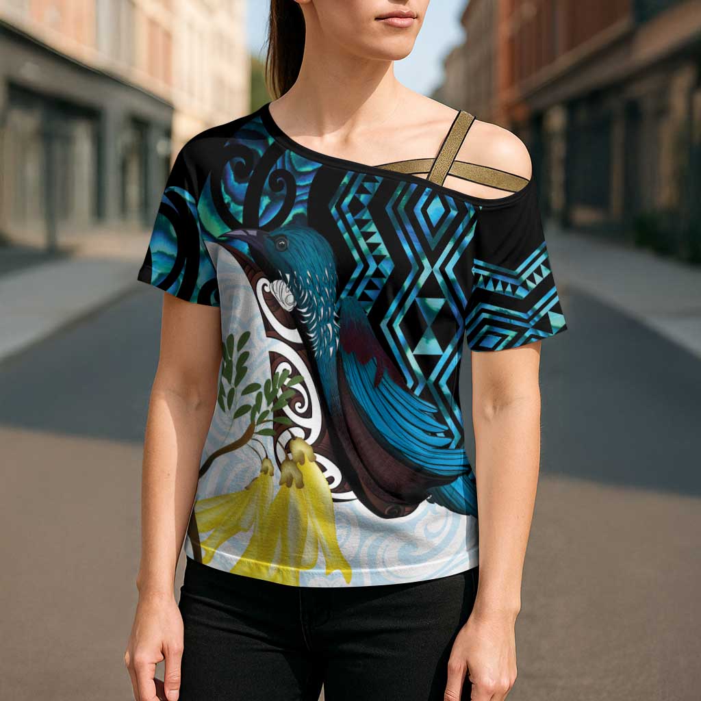 New Zealand Silver Fern Tui Bird Cross Shoulder Shirt Maori Kowhai Paua Shell Taniko Motifs LT14 - Polynesian Pride