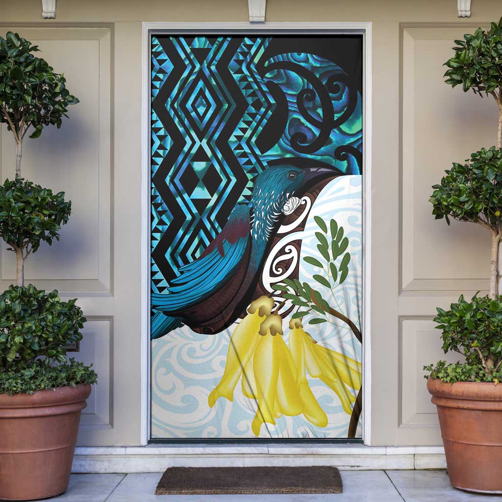 New Zealand Silver Fern Tui Bird Door Cover Maori Kowhai Paua Shell Taniko Motifs LT14 Turquoise - Polynesian Pride