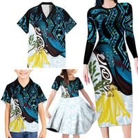 New Zealand Silver Fern Tui Bird Family Matching Long Sleeve Bodycon Dress and Hawaiian Shirt Maori Kowhai Paua Shell Taniko Motifs LT14 - Polynesian Pride