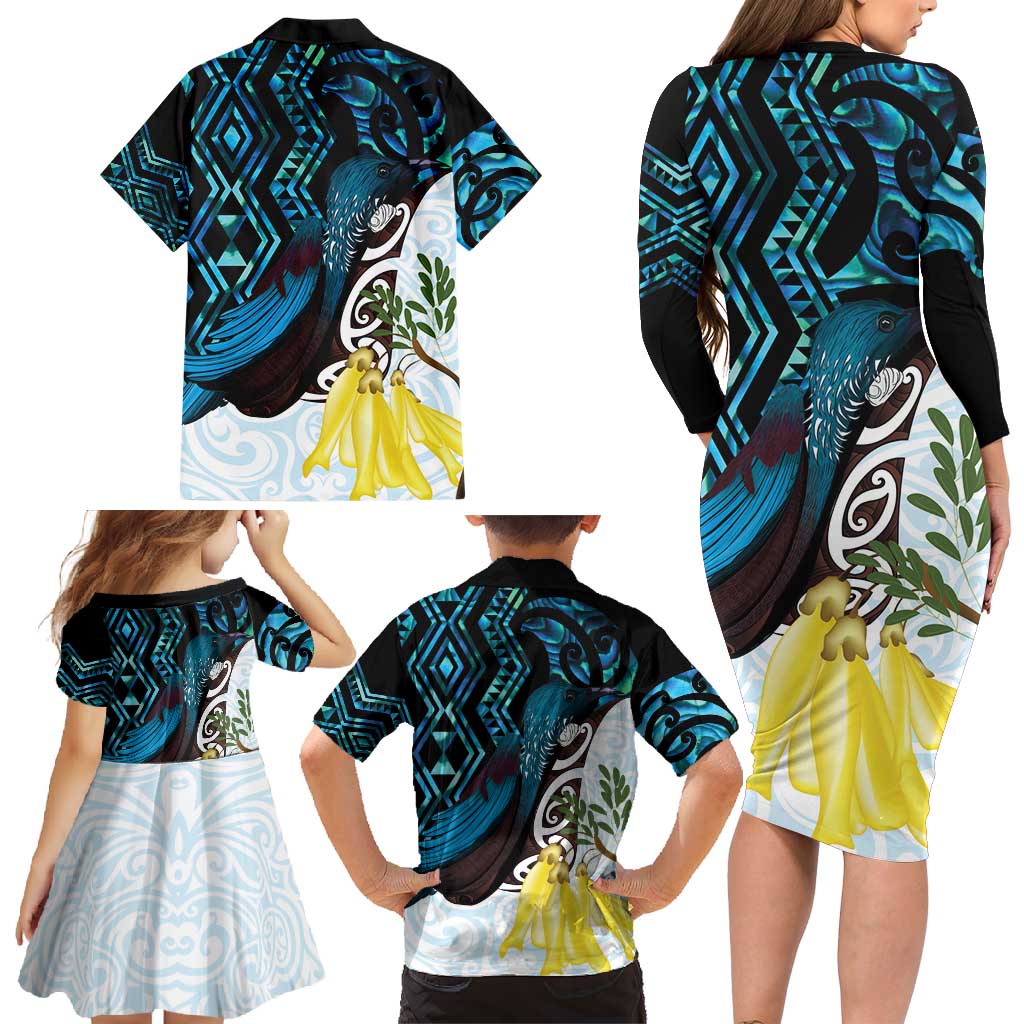 New Zealand Silver Fern Tui Bird Family Matching Long Sleeve Bodycon Dress and Hawaiian Shirt Maori Kowhai Paua Shell Taniko Motifs LT14 - Polynesian Pride