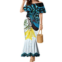 New Zealand Silver Fern Tui Bird Family Matching Mermaid Dress and Hawaiian Shirt Maori Kowhai Paua Shell Taniko Motifs LT14 Mom's Dress Turquoise - Polynesian Pride