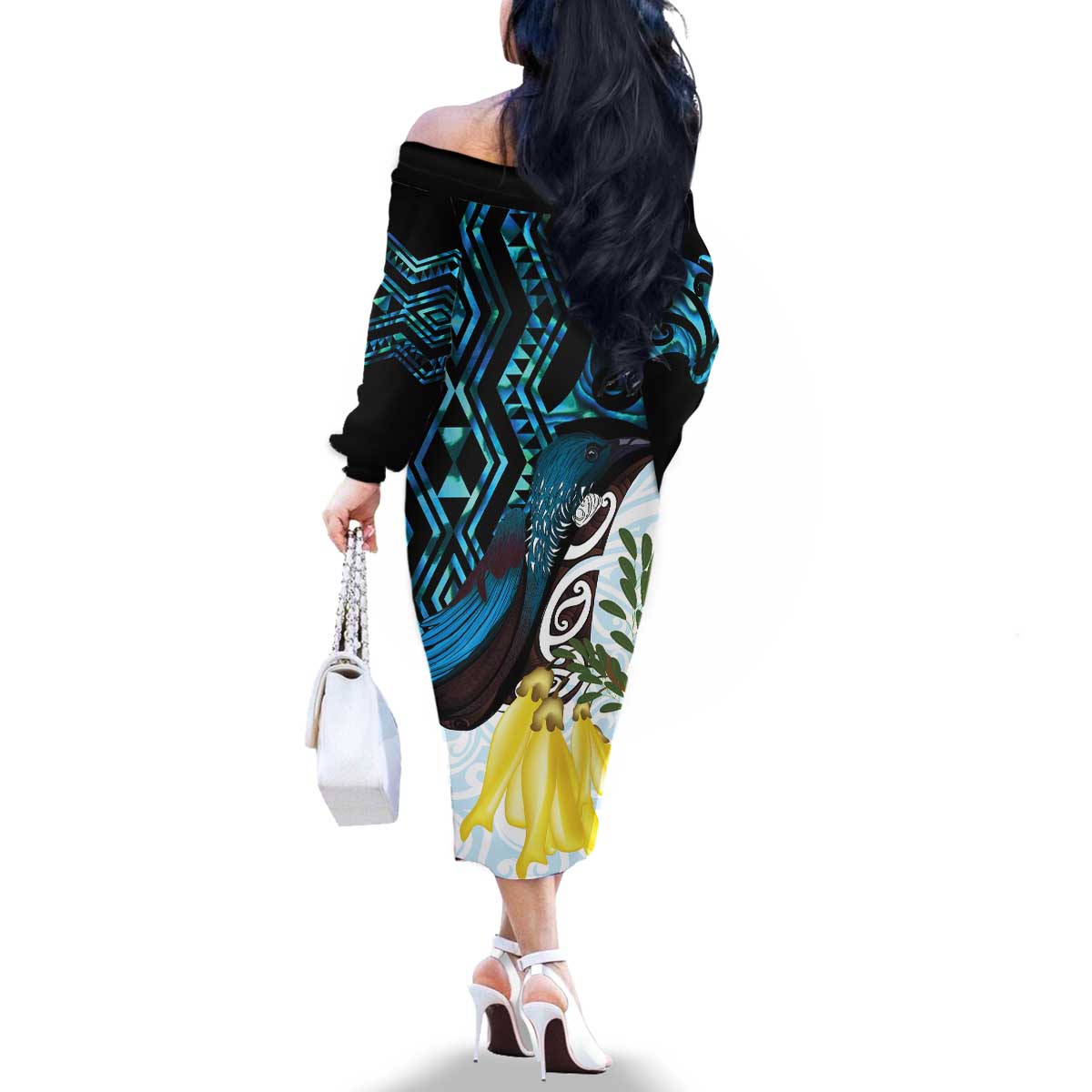 New Zealand Silver Fern Tui Bird Family Matching Off The Shoulder Long Sleeve Dress and Hawaiian Shirt Maori Kowhai Paua Shell Taniko Motifs LT14 - Polynesian Pride
