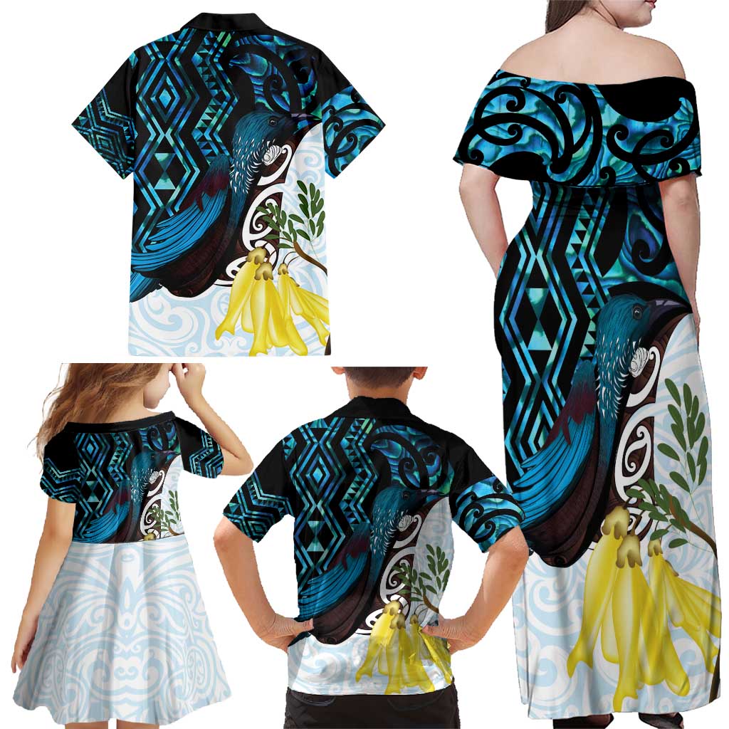 New Zealand Silver Fern Tui Bird Family Matching Off Shoulder Maxi Dress and Hawaiian Shirt Maori Kowhai Paua Shell Taniko Motifs LT14 - Polynesian Pride