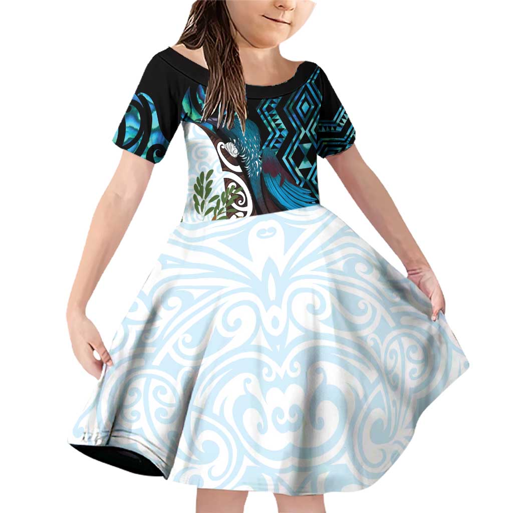 New Zealand Silver Fern Tui Bird Family Matching Off Shoulder Short Dress and Hawaiian Shirt Maori Kowhai Paua Shell Taniko Motifs LT14 Daughter's Dress Turquoise - Polynesian Pride
