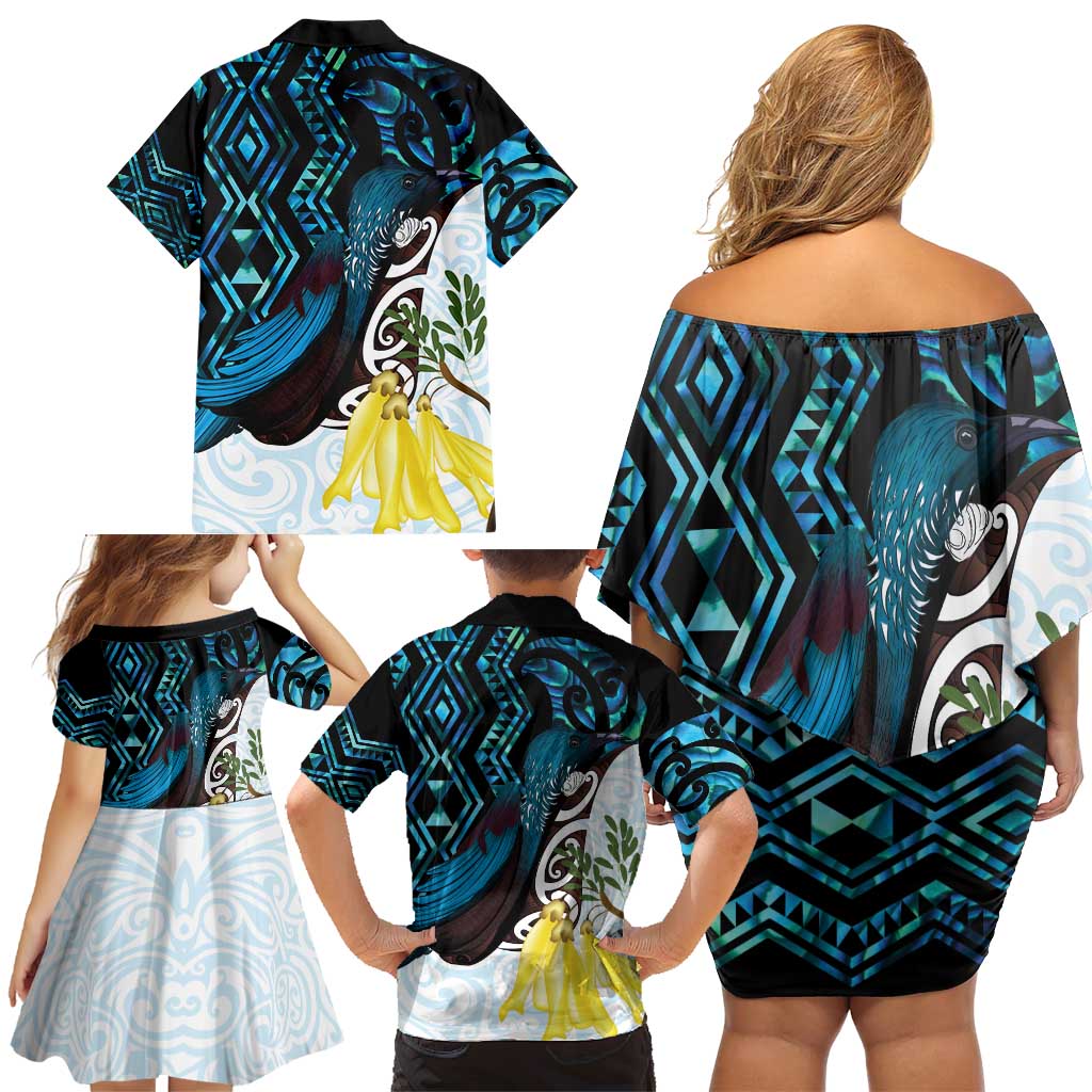 New Zealand Silver Fern Tui Bird Family Matching Off Shoulder Short Dress and Hawaiian Shirt Maori Kowhai Paua Shell Taniko Motifs LT14 - Polynesian Pride
