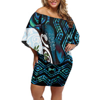New Zealand Silver Fern Tui Bird Family Matching Off Shoulder Short Dress and Hawaiian Shirt Maori Kowhai Paua Shell Taniko Motifs LT14 Mom's Dress Turquoise - Polynesian Pride