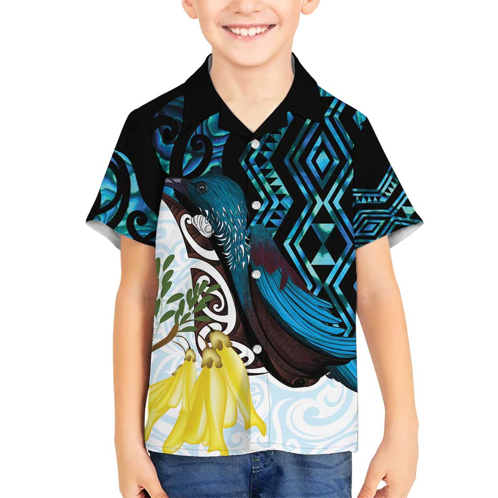 New Zealand Silver Fern Tui Bird Family Matching Puletasi and Hawaiian Shirt Maori Kowhai Paua Shell Taniko Motifs LT14 Son's Shirt Turquoise - Polynesian Pride