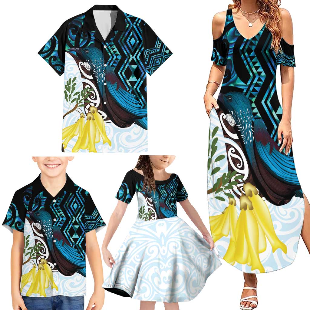 New Zealand Silver Fern Tui Bird Family Matching Summer Maxi Dress and Hawaiian Shirt Maori Kowhai Paua Shell Taniko Motifs LT14 - Polynesian Pride