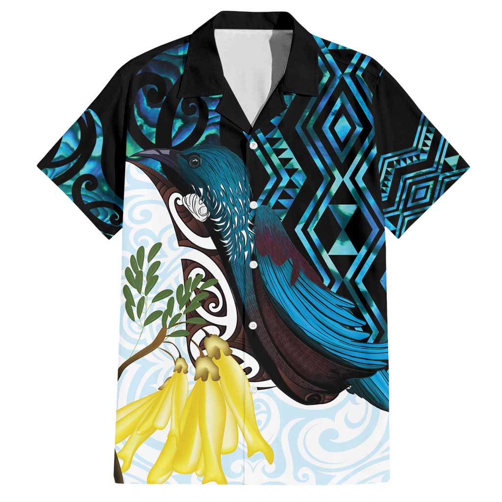 New Zealand Silver Fern Tui Bird Family Matching Summer Maxi Dress and Hawaiian Shirt Maori Kowhai Paua Shell Taniko Motifs LT14 Dad's Shirt - Short Sleeve Turquoise - Polynesian Pride