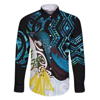 New Zealand Silver Fern Tui Bird Family Matching Summer Maxi Dress and Hawaiian Shirt Maori Kowhai Paua Shell Taniko Motifs LT14 Dad's Shirt - Long Sleeve Turquoise - Polynesian Pride