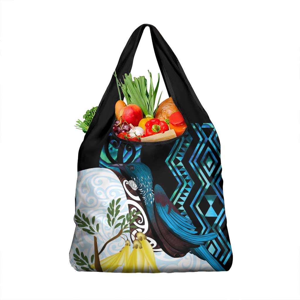 New Zealand Silver Fern Tui Bird Grocery Bag Maori Kowhai Paua Shell Taniko Motifs LT14 1-pack One Size Turquoise - Polynesian Pride